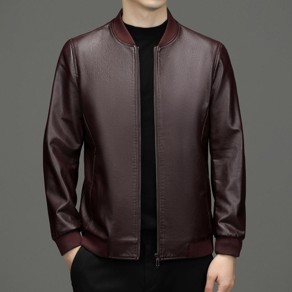 Echtlederjacke Herbst und Winter Slim Motorradanzug Mittelalterlich Lässig Baseballkragen Herren Lederjacke Papa-Kleidung