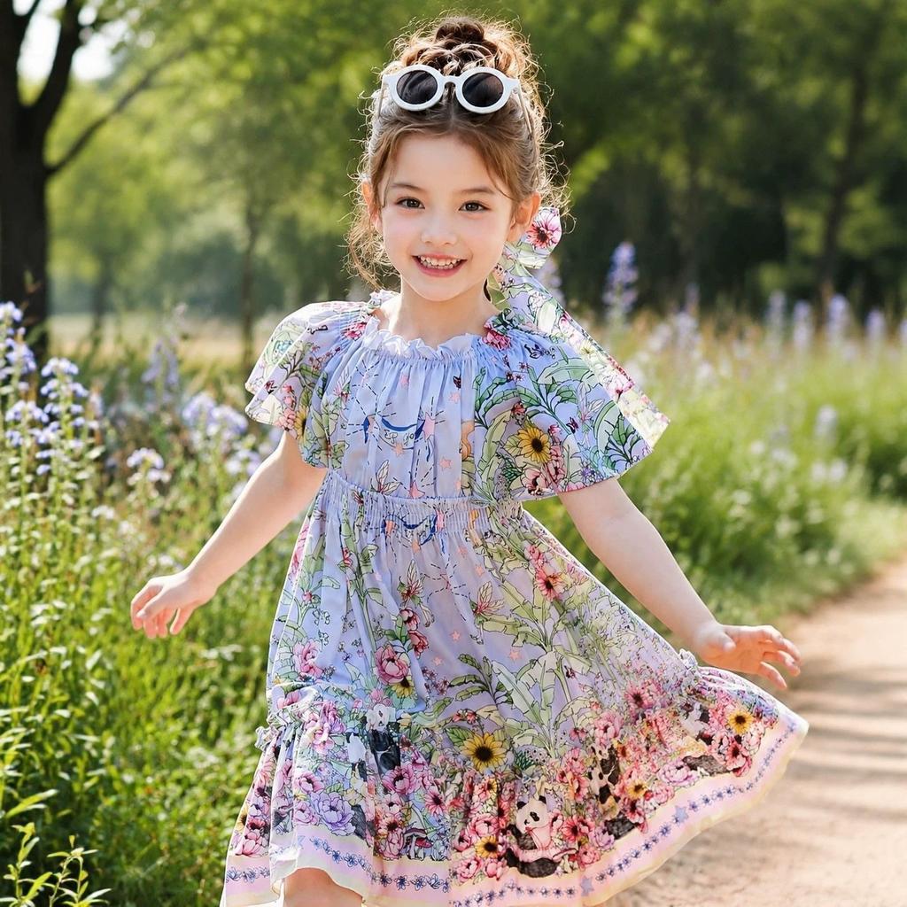 Girls Summer Lightweight Princess Dress with Panda Print and Puff Sleeves