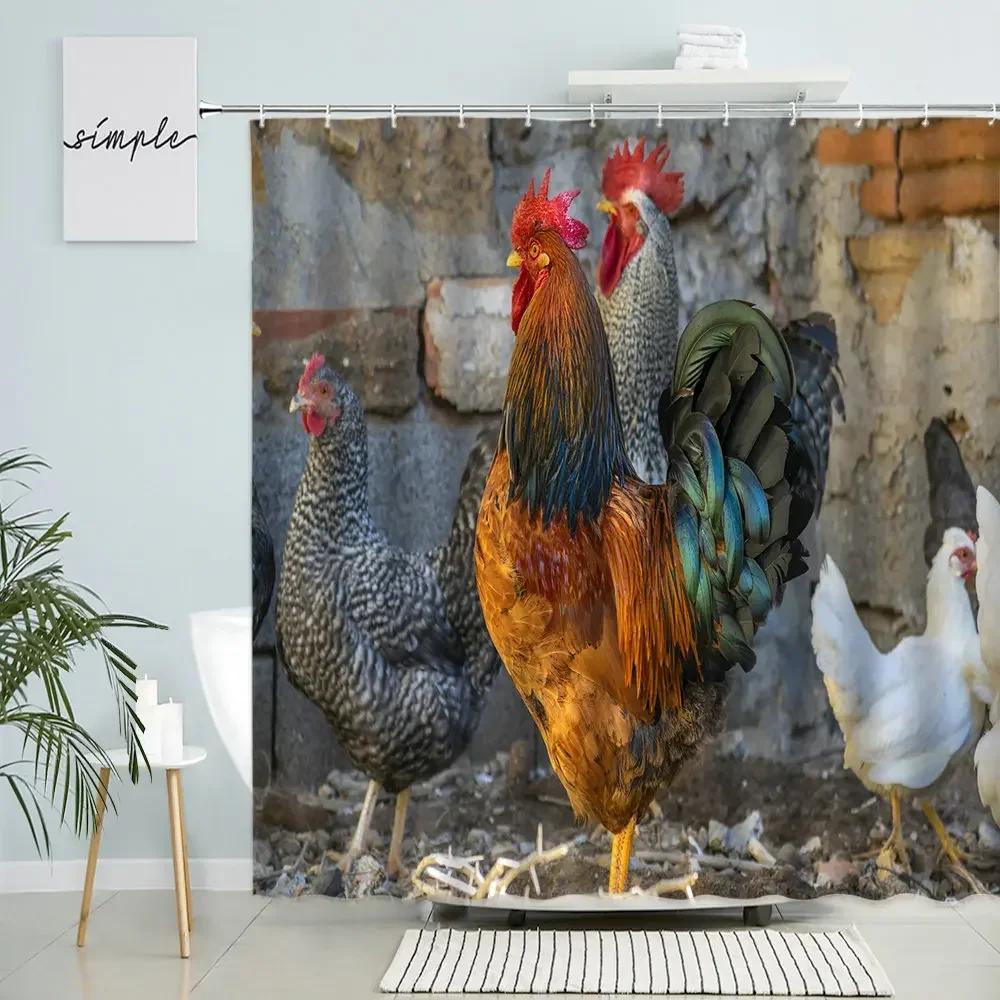 Chicken Shower Curtain Feather Poultry Animals Country Retro Old Farmhouse Barn Bathroom Wall Decor With Hooks Waterproof Screen