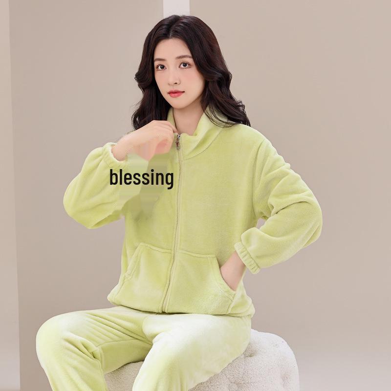 

Женский пижамный комплект из кораллового флиса на молнии — плотный, теплый, спортивная куртка и брюки на осень/зиму Large