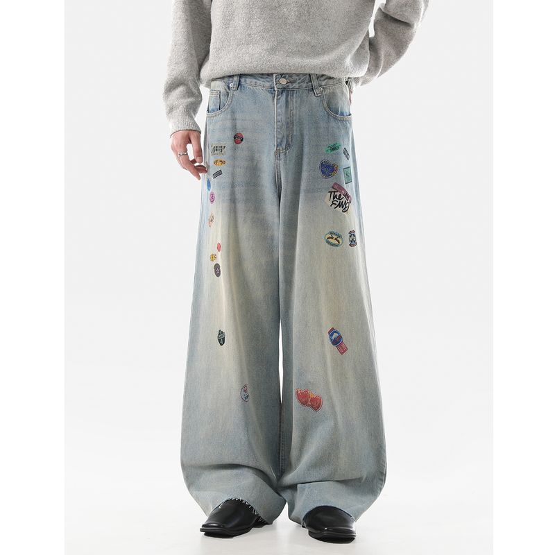

Acrardic Fashionable and Interesting Stickers Print Jeans Men s Street American Washed Distressed Loose Pants 2025 Blue 2XL