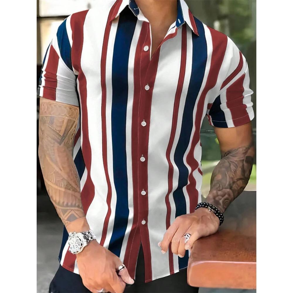 New Summer Men Clothes Short Sleeve Stripe Shirt Tops Men Casual Beach Shirt Tops