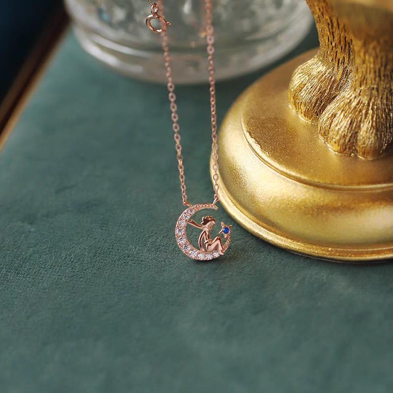 Sterling Silver Little Prince Star & Moon Pendant Necklace - Elegant Birthday Gift for Girlfriend 925 Sterling Silver розового золота