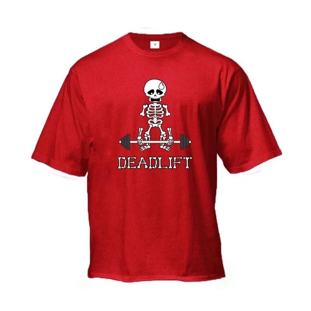 Human Skeleton Deadlift Barbell Gym Clothing Men Fitness Oversized Loose T-Shirt Mesh Quick Dry Short Sleeved Bodybuilding Shirt