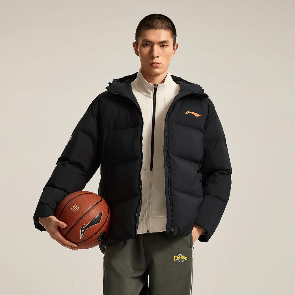 Li Ning Cba Series Logo Letter Zipper Casual Versatile Hooded Short Winter Cotton Jacket Men Jackets Black AJMU087-1