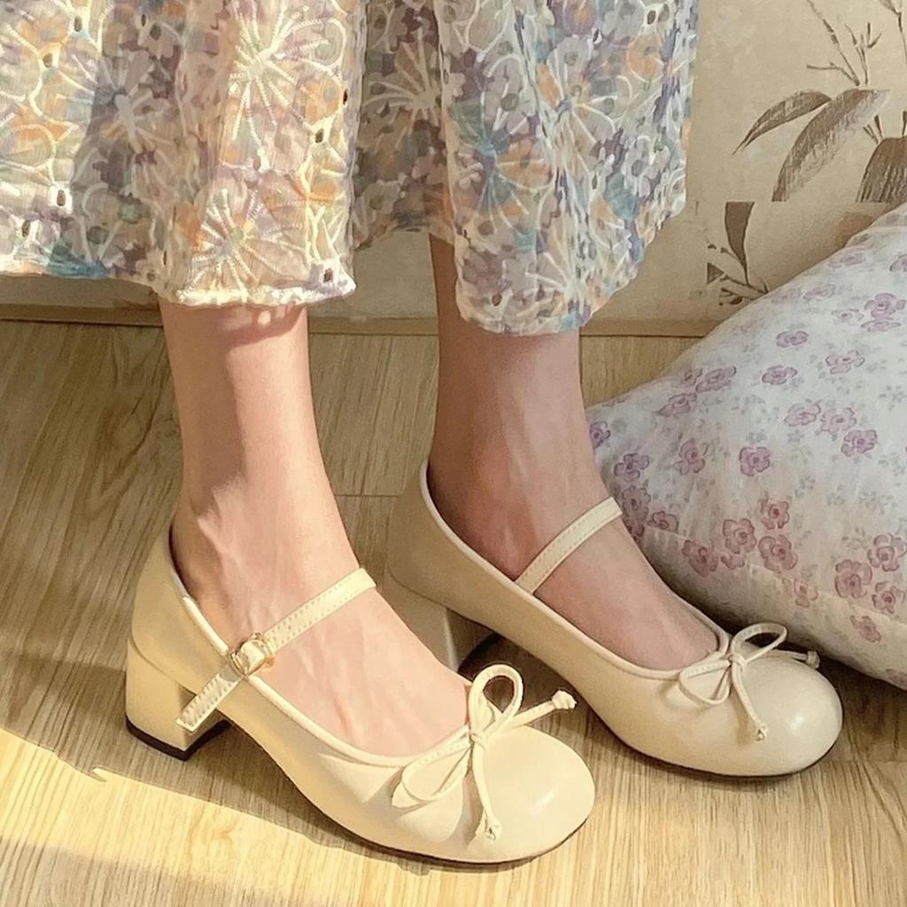 Süße japanische Damen-Ballettschuhe mit runder Spitze und Fliege, Mary Jane-Schuhe für College-Damen, High Heels, elegante Pumps, Hochzeitsschuhe