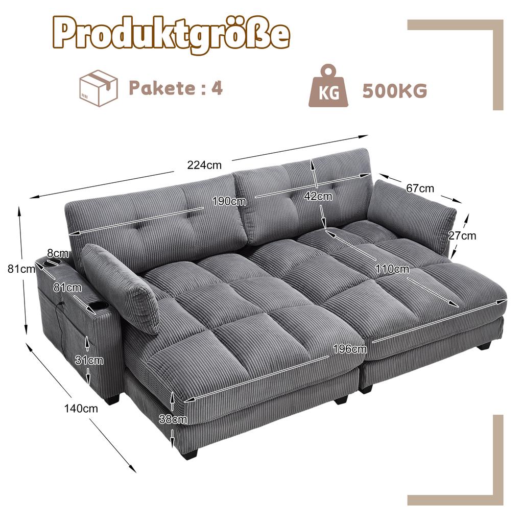 Graues Kord-Sofa 2-Sitzer, teilbar in 2 Sitze, 2 Kissen, 4 Getränkehalter, 4 Taschen, USB-Anschlüsse an den Armlehnen, für Wohnzimmer, Schlafzimmer und Arbeitszimmer