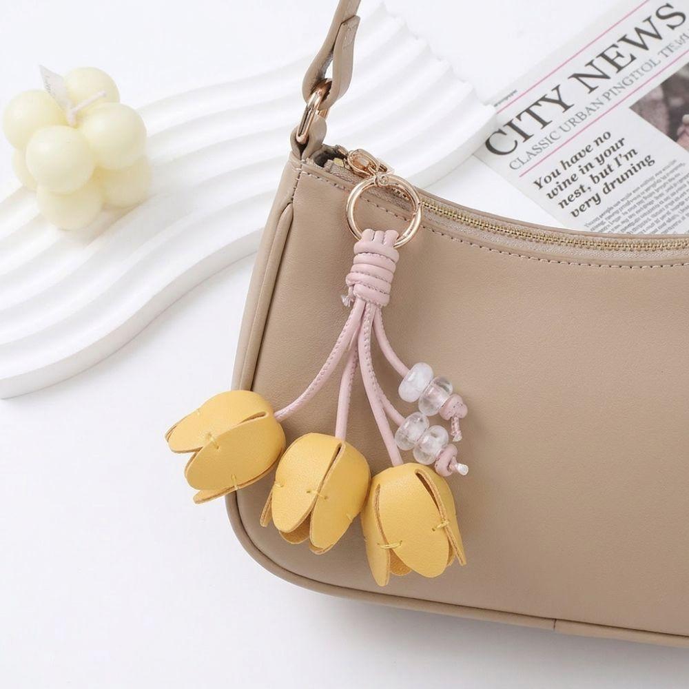Tulip Shape Keychain Pendant Leather Like Decorative Charm Creative Flower Keyring Car Interior