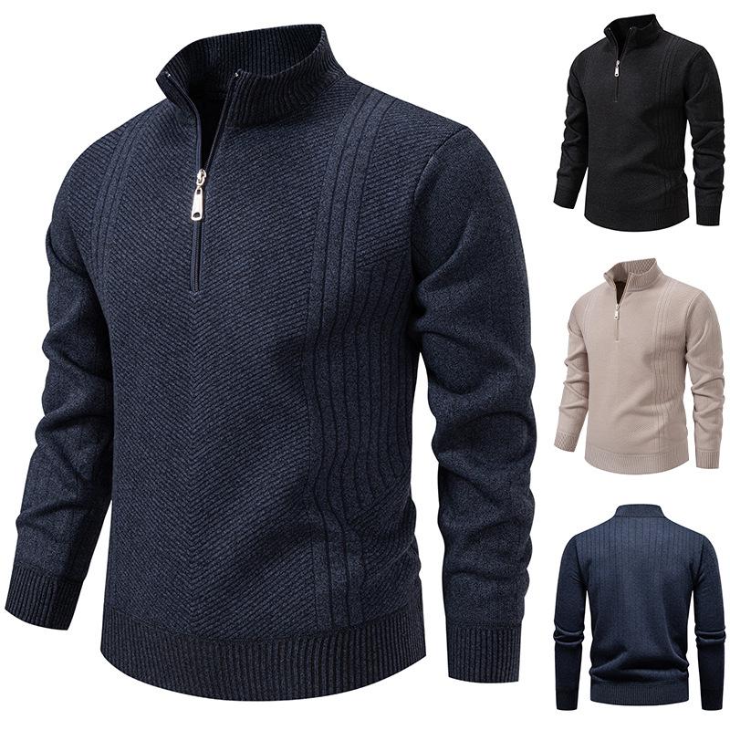 Men's Knitted Sweatshirt Long Sleeve Turtleneck Pullover Quarter Zipper Up Stand Collar Winter Fall Sweat Shirts for Men Texture Loose Pullover Tops