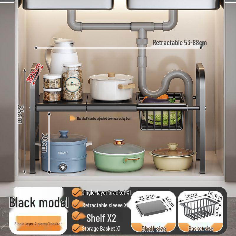 Retractable Under Sink Kitchen Organizer and Multifunctional Dish & Pot Rack