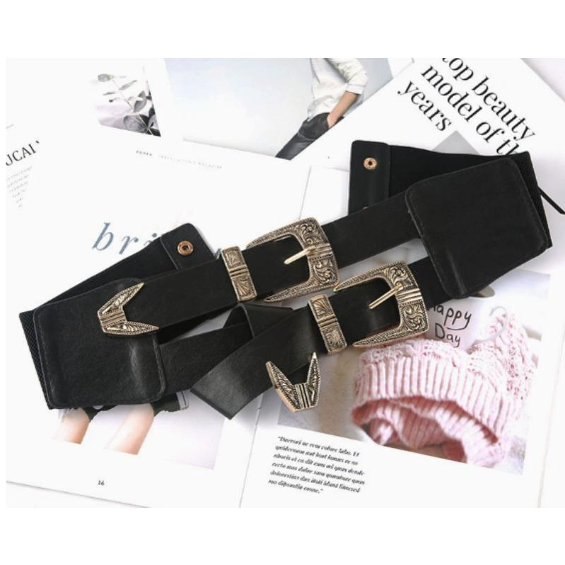 Women's Fashion Elastic Wide Waistband with Metal Carved Double Buckle Decorative Waist Belt for Dresses and Blouses Slim Waist
