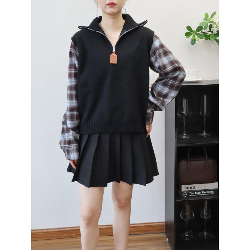 

Осень новая сращивание клетчатая рубашка поддельный двухкомпонентный свитер пуловер дизайн полу-молния вязаный свитер топ женский one size fits all чёрный