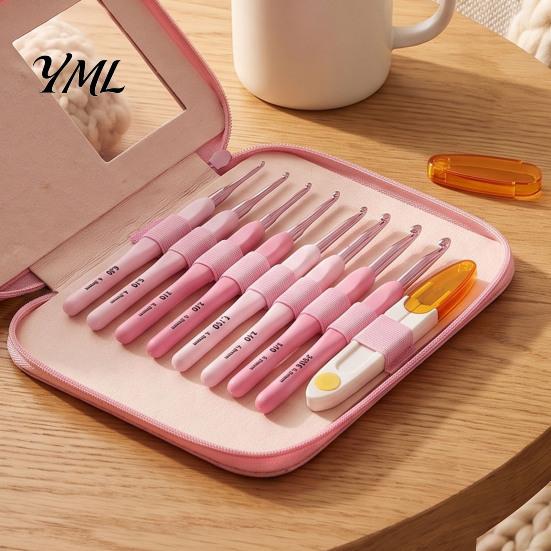 Comfort Grip Crochet Needles Pink Ergonomic Hooks Set, Kit with Soft Handles, Alumina Needle Includes Scissors & Storage Case, Set for Beginners