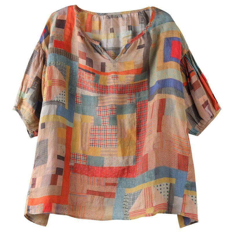 

Футболки больших размеров, женская мода, нерегулярный принт, повседневная тонкая футболка, художественная рубашка с коротким рукавом, летние свободные топы с V-образным вырезом S красный