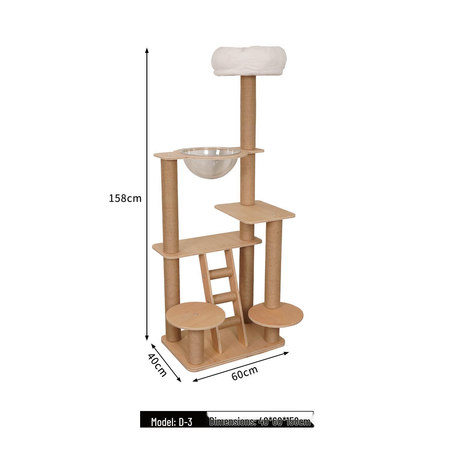 Solid Wood Cat Tree with Integrated Bed and Capsule Climber - Space-Saving Design for Small and Large Homes