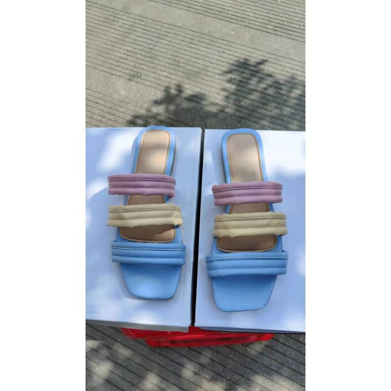 

Summer new square head flat bottom simple color matching beach slippers women s large size sandals 39 синій