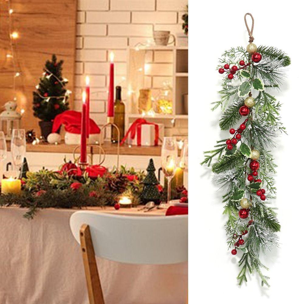 Green&red Christmas Pine Garland 65cm Holly Leaves Artificial Pine Wreath Wall Hanging Staircase Ornament Greenery Pine Rattan