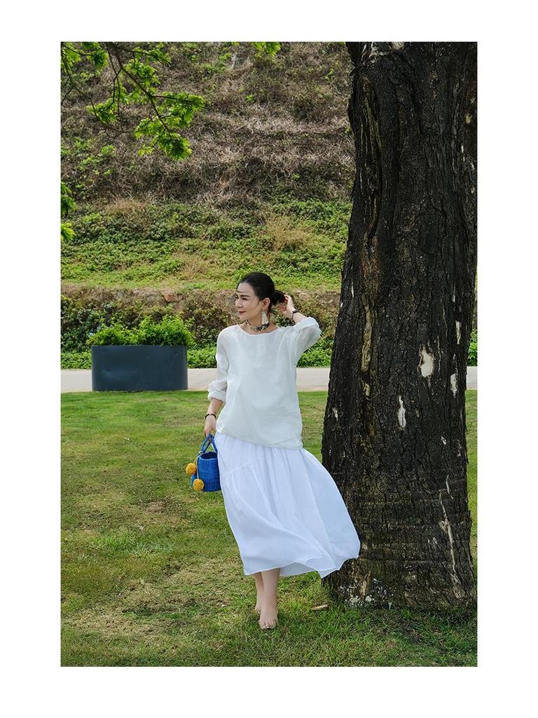 Lightweight Retro Linen Flowy Long Skirt with Elastic Waist