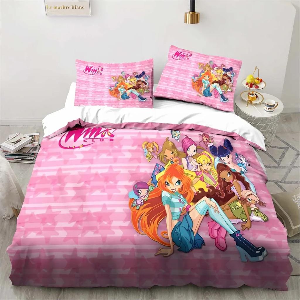 Set di biancheria da letto Kawaii Anime Winx Letto a tre pezzi Singolo Doppio King Size Set di letto per adulti e bambini Set copripiumino per bambini Regalo per bambini