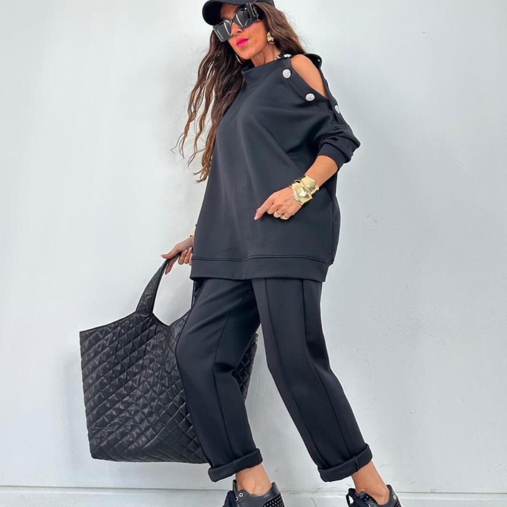 A New Autumn and Winter Fashion Casual Set for Women, A Solid Color Long-sleeved Shirt, Long Pants and Stand-up Collar Two-piece Set