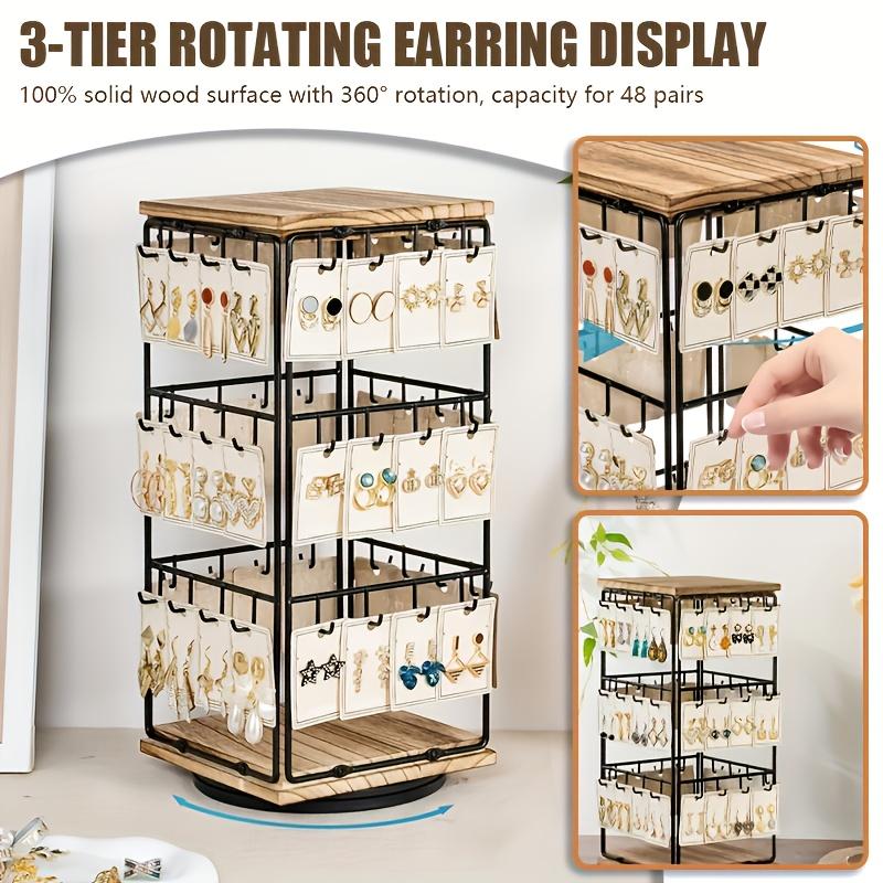 360° Rotating Wooden Jewelry Display Rack - Earring Stud Ring Organizer Tower with Hooks