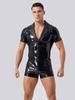 Men'S V Neck Playsuit Sexy Pvc Shiny Pu Faux Leather Bodysuit Vest Man Stage Tights Shaping Male Dance Short Sleeve Leotard