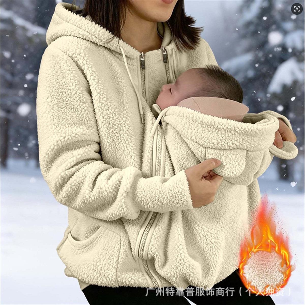 Damen Fleece Kapuzenjacke 2-in-1 Umstands Still Sweatshirt Babytrage Tasche Hoodie Reißverschluss Warme Winter Oberbekleidung Jacke XL apricot