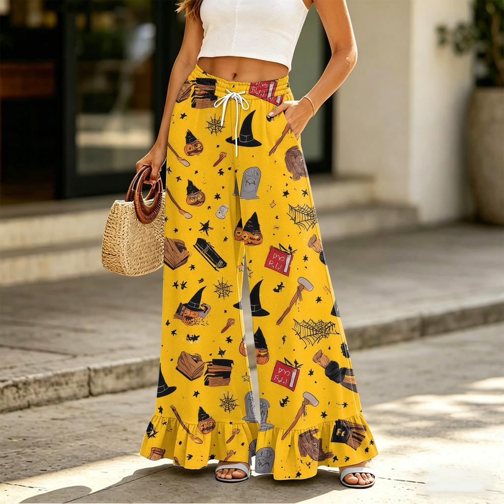 Pantaloni Larghi da Donna con Tasche Vita Alta Coulisse Vestibilità Larga Pantaloni Casual Stampa Halloween Leggeri Comodi