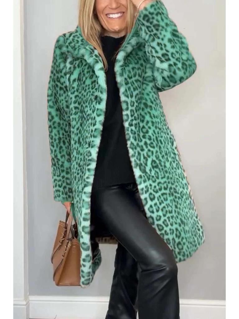 2024 Winter Women's Fashion Leopard Print Faux Fur Coat