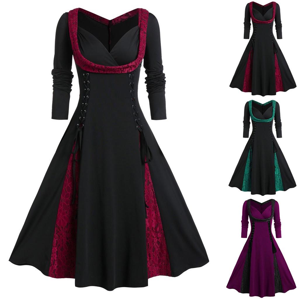 Womne Plus Size Long Sleeve Lace Panel A Line Sweetheart Neck Vintage Dress