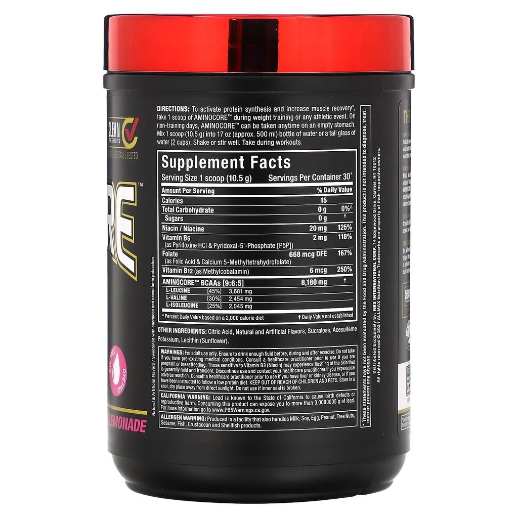 ALLMAX, AMINOCORE BCAA, Pink Lemonade, 0.69 Lb (315 G)