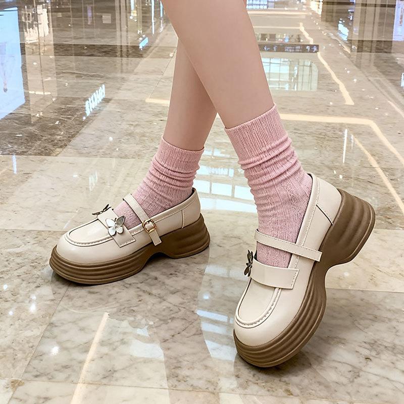 Spring and Autumn new thick heel platform retro college style jk shoes Mary Jane shoes milk white butterfly small leather shoes women