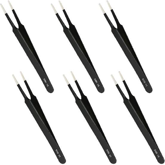 Aoje-Link ESD-13 Professional Anti-Static Technology Tweezers, Non-magnetic Flat and Round, Stainless Steel Plastic Coated, Full Length 120mm, Black,