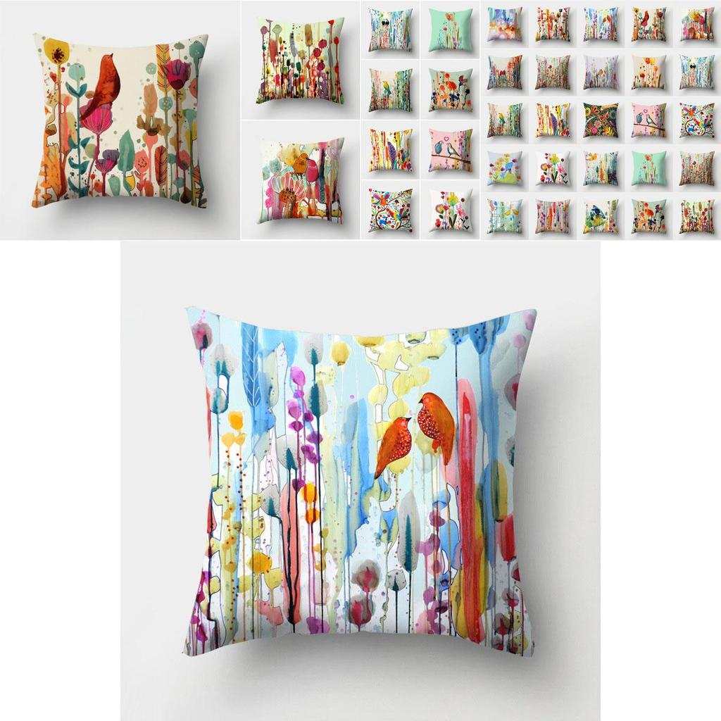 Elegant Watercolor Bird Flower Pillow Case In Cotton Linen For Cozy Sofa Decor
