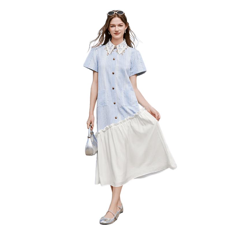 

Women s Blue Striped Seersucker Lace Shirt Dress M