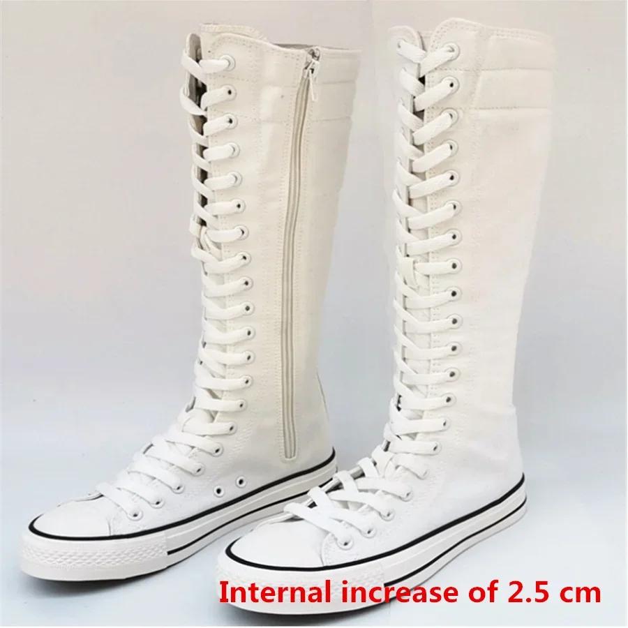 New High Top Canvas Shoes for Women's Inner Elevated Casual Shoes with White Laces for Fashion Versatile Women's Flat Bottom