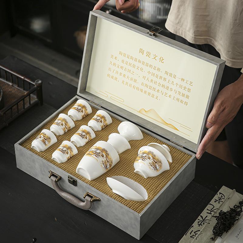 Tea set ceramic cover bowl household simple teacup suet jade white porcelain kung fu tea set gift box national tide style