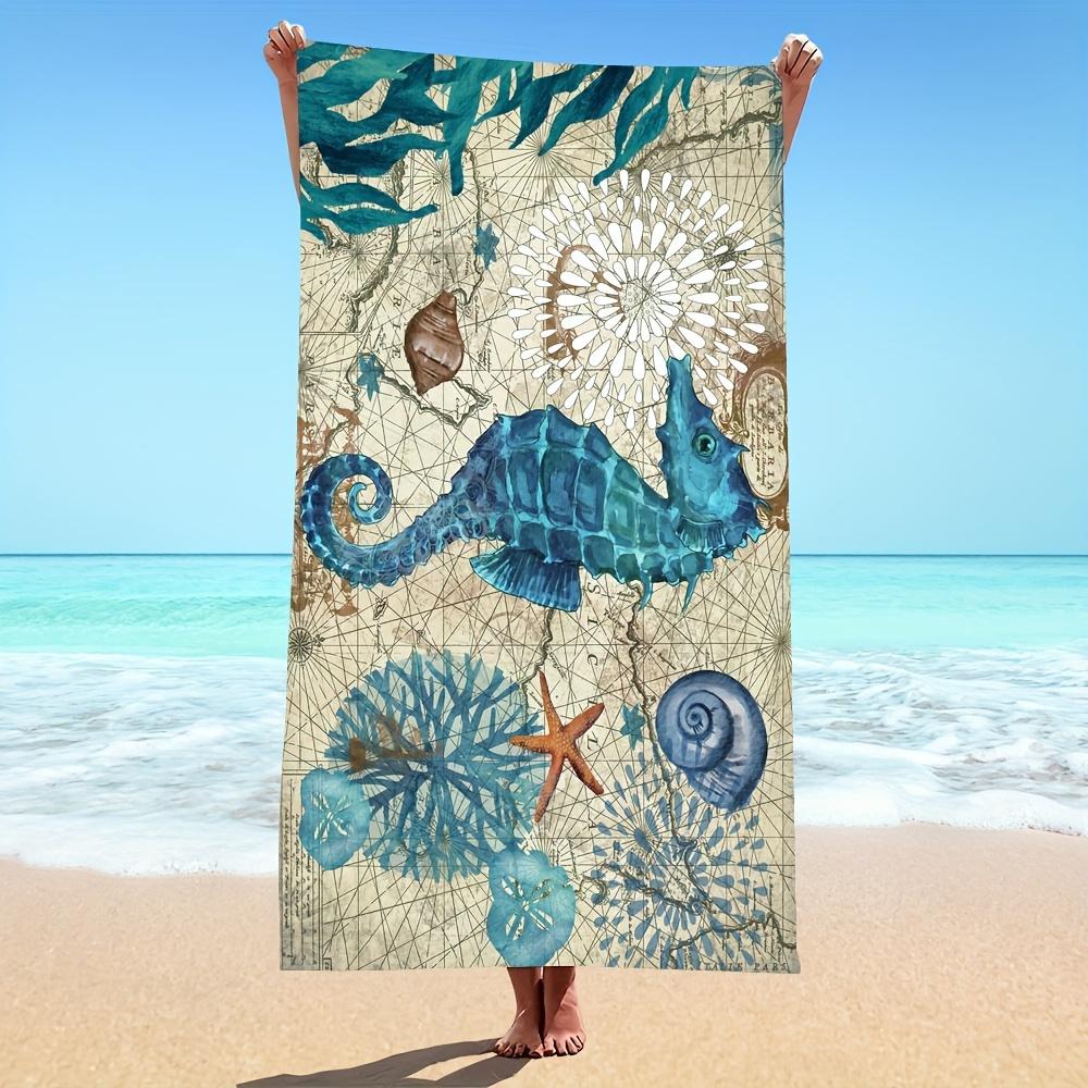 Seepferdchen & Meereskarte Strandtuch Gemustert Sonnenschutz und Winddicht Geeignet für Schwimmbad Camping Reise Decke