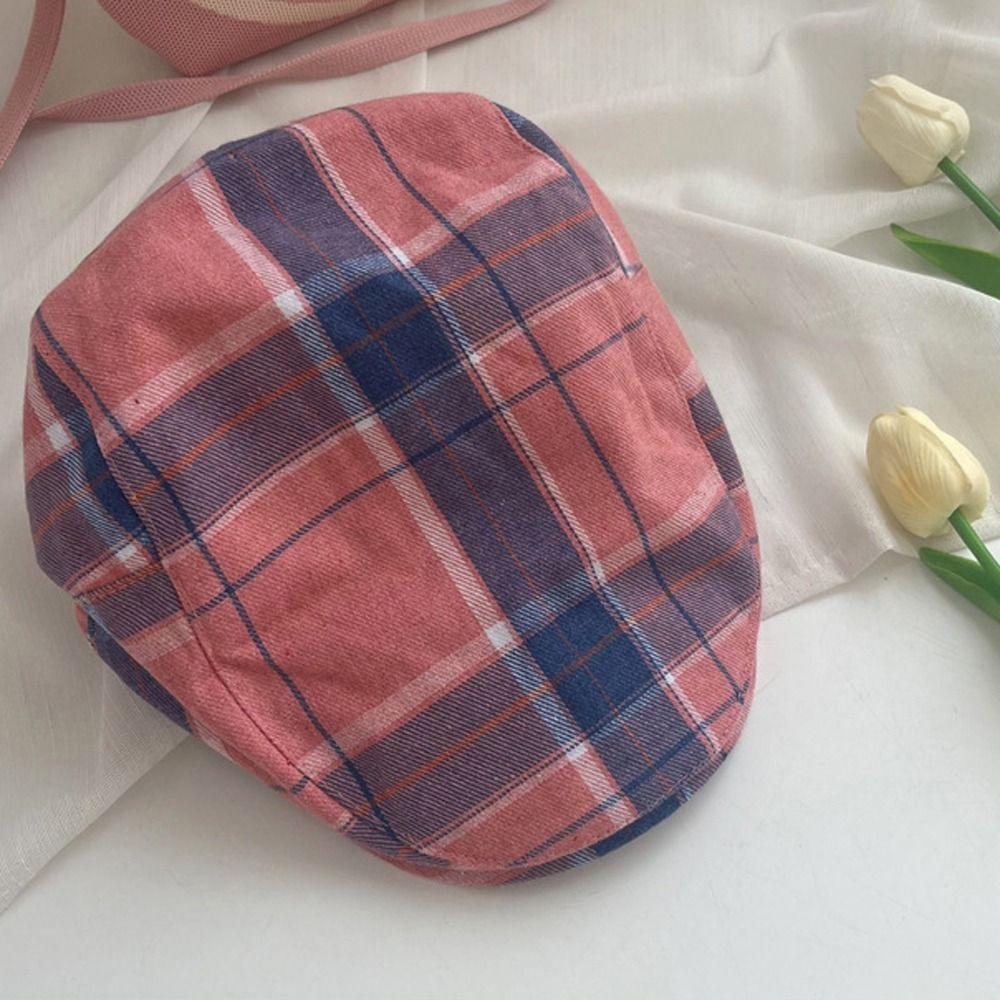 Cotton Lattice Sun Hat Dopamine Style Flat Peaked Cap Elegant Plaid Beret Hat  Travel