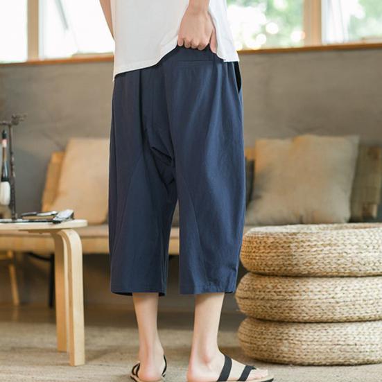 Men Summer Pants Drawstring Elastic Waist Solid Color Mid-calf Length Pockets Daily Wear Wide Leg Plus Size Men Summer Trousers Men Clothes