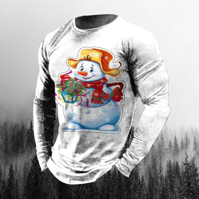 Round Neck 3D Christmas Printed Top Casual Long Sleeved Men's T-shirts - Soft Medium Stretch Polyester Fabric Spring and Autumn Relaxed Fit Clothing