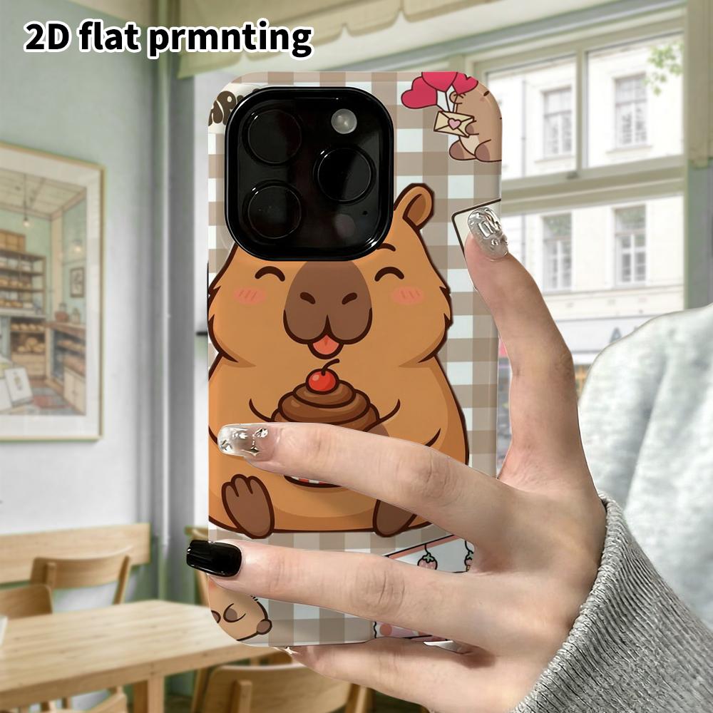 Phone Case: 2D Flat Design Suitable for iPhone 18, 17, 16, 15, 14, 13Pro Film Protective Case, Couple Style, Plaid Paper Cup Capybara, Christmas and H