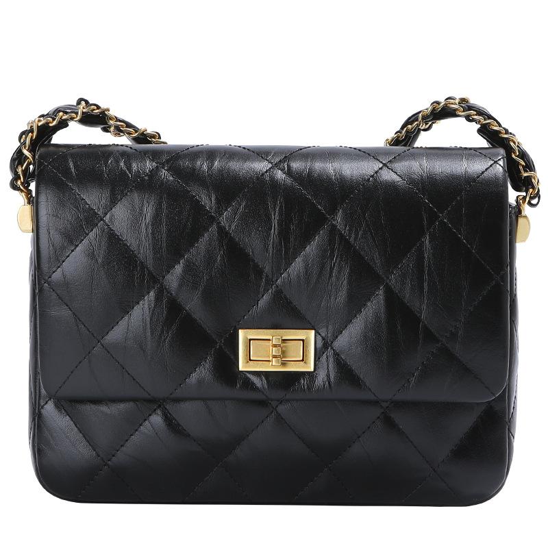 Xiaoxiangfeng Thick Chain Diamond Chain Bag Black Cowhide Small Square Bag Single Shoulder Crossbody Bag