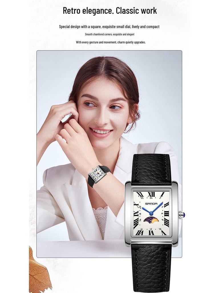 Sanda Women's Retro Quartz Waterproof Watch with Roman Numerals, Moon Phase, and Light Luxury Design - Square Model 9122.