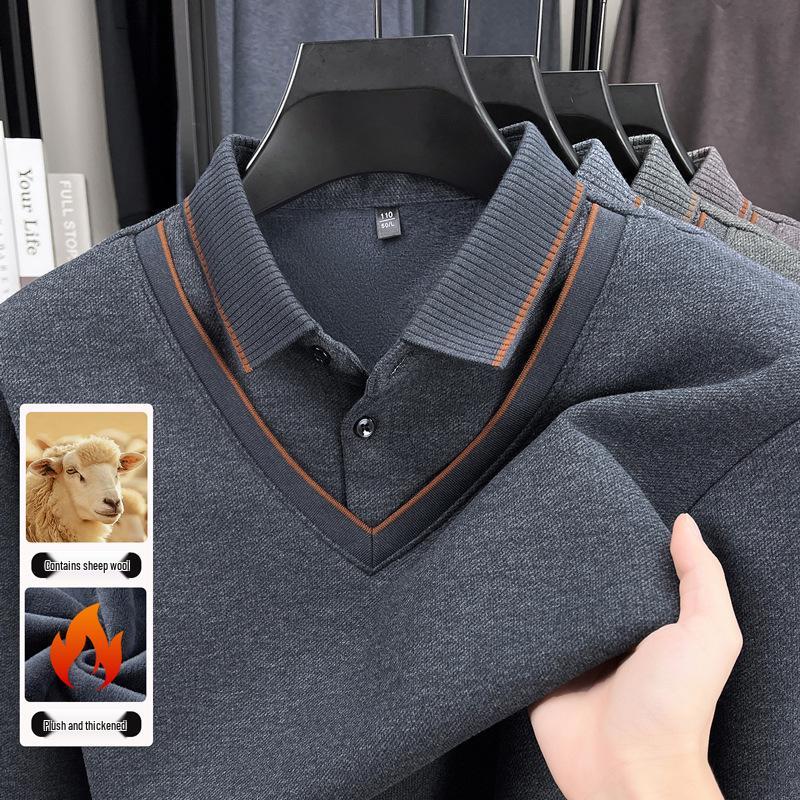 Herren Herbst/Winter Verdickter Samt Wolle Revers Zweiteiliger Lagenpullover für Mittleres und Älteres Alter