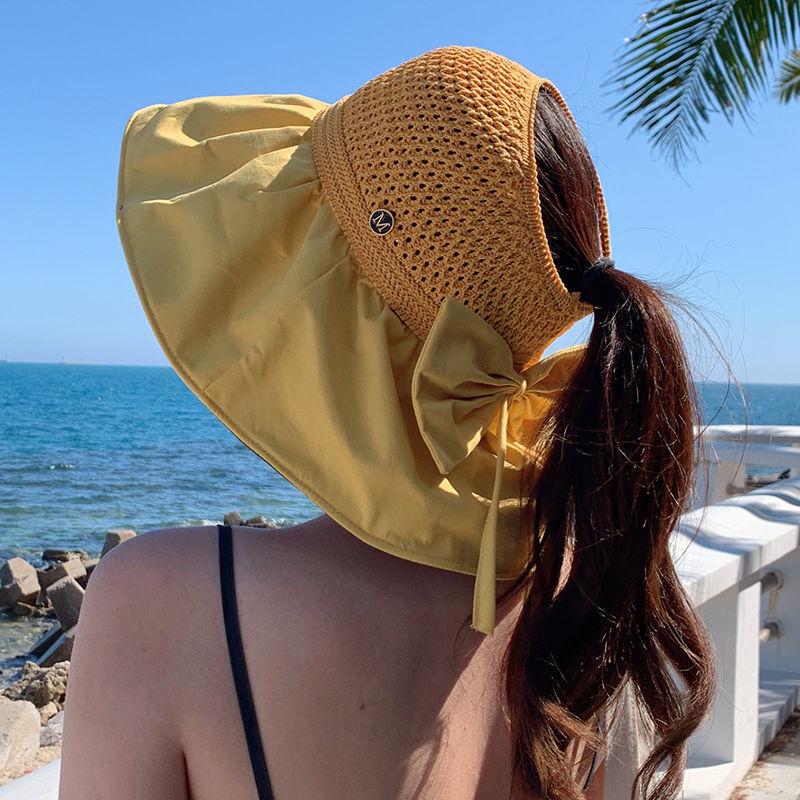 Women's Summer UV-Resistant Open-Top Black Hat with Bow and Wide Brim