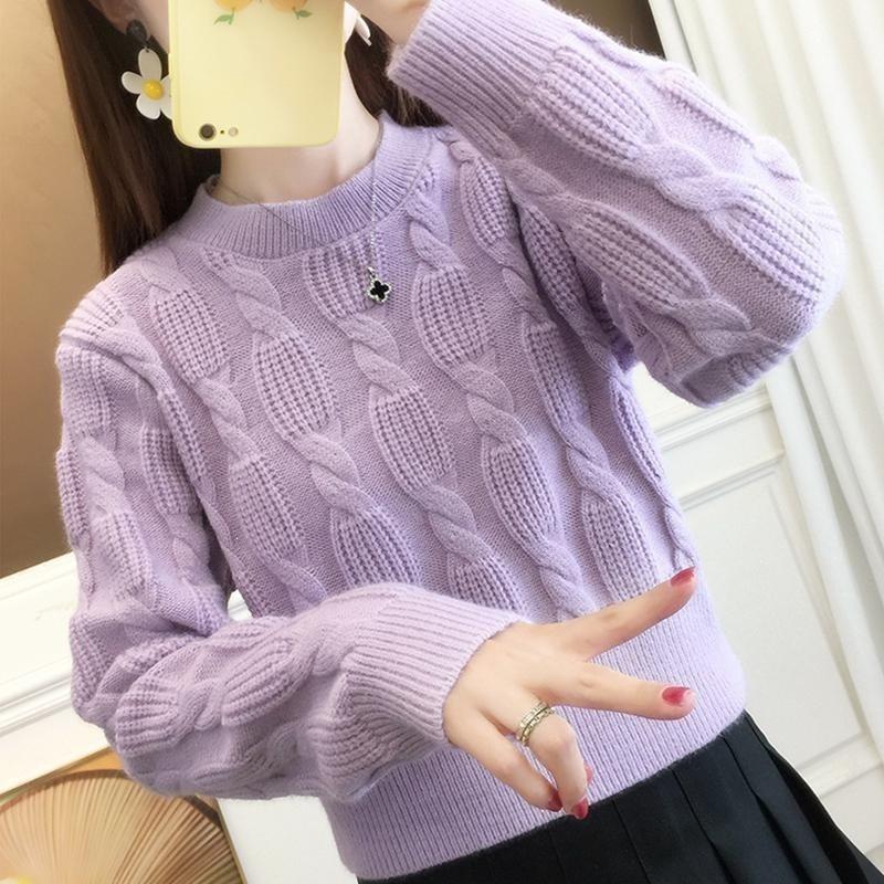 Korean Style Sweet Cable Knit Women's Slim Pullover Sweater - Autumn Winter Short Round Neck Base Layer Knitwear.
