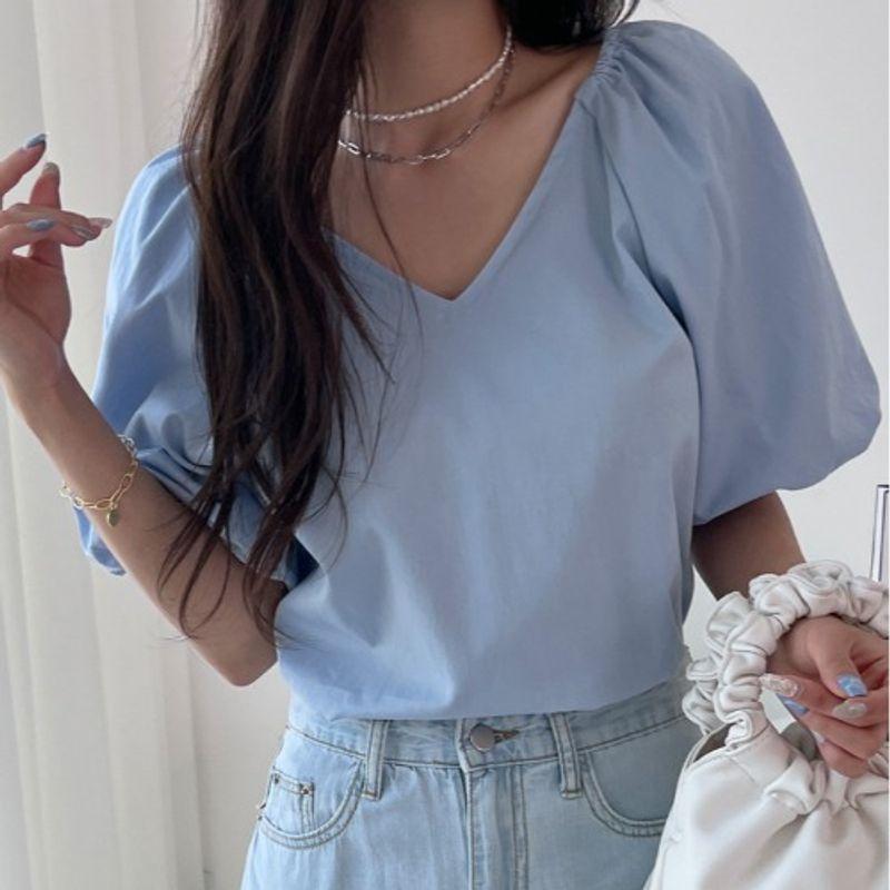 

South Korea Japanese Style Cross-Border Summer Sweet White V-Collar Loose Temperament Plus Size Fashion Raglan Short Sleeve Shirt Top Sky Blue XL