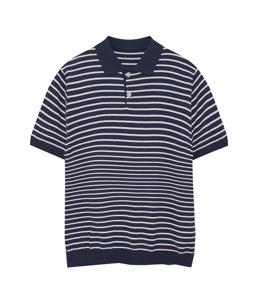 IRONYPORNO WHITELINE 86-Iro358 Color Stripe Button Collar Short Sleeve Knit Navy