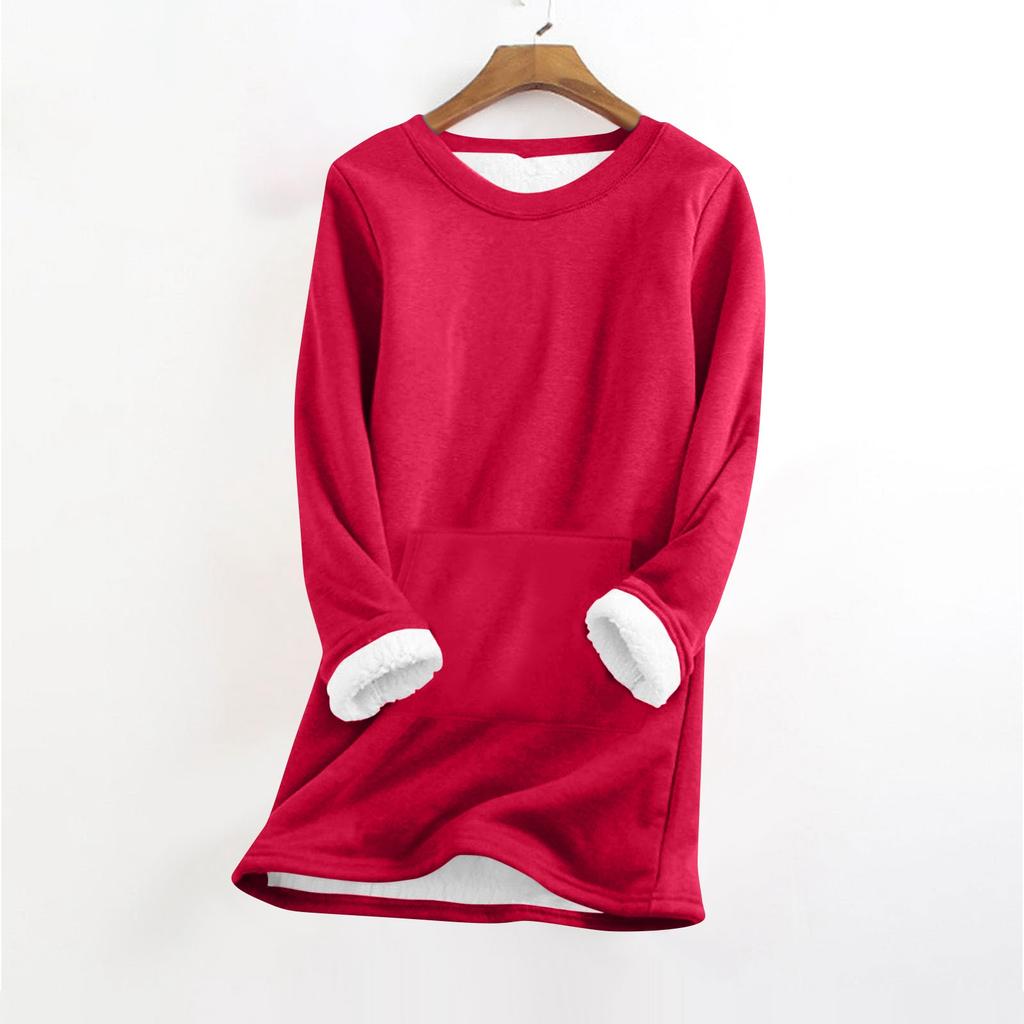 Women's Fashionable Solid Color Round Neck Long Sleeved Plush Warm Pullover Top